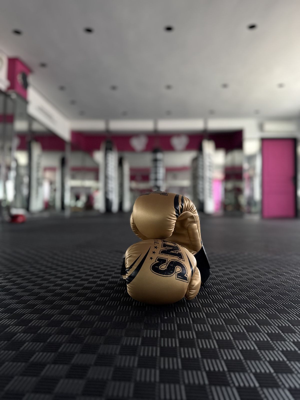 Gants de boxe dorés posés sur le tatami de la salle